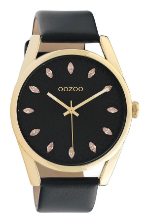 Montre couleur or avec bracelet en cuir noir et intérieur avec strass C10842 Oozoo
