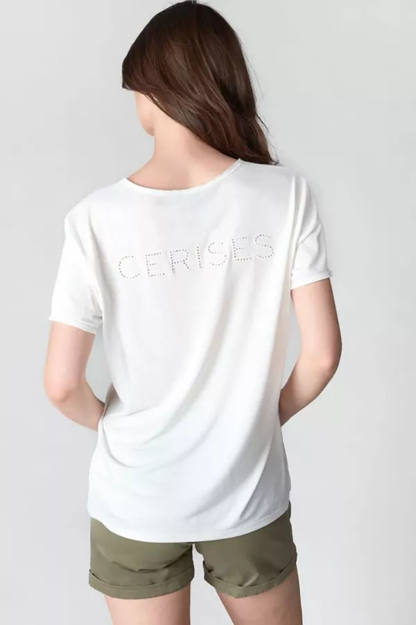 T-shirt uni col V avec broderie ajourée au dos Le temps des Cerises