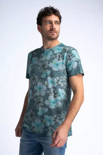 T-shirt uni en coton imprimé botanique Petrol
