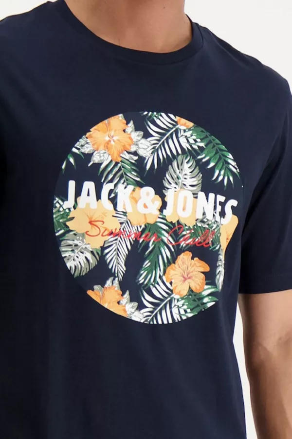 T-shirt uni en coton avec impression devant Jack & Jones
