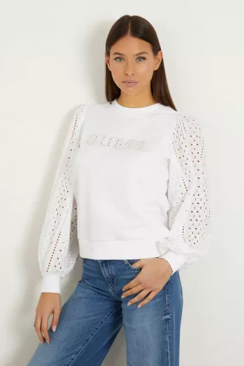 Sweat uni avec broderie anglaise aux manches Guess
